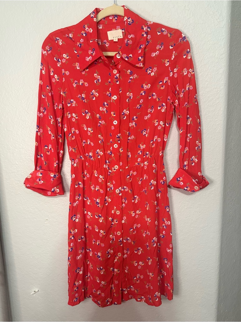 RUKEN Red Floral Button-Front Long Sleeve Shirt Dress